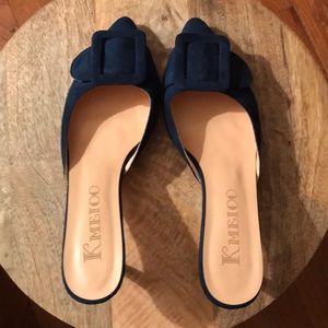 Navy blue suede buckle mules. NWOT.